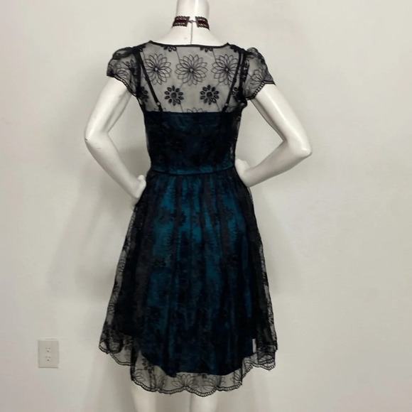 Voodoo Vixen NEW Black Teal Embroidered Lace Overlay Witchy Retro Pin Up Dress S - Picture 11 of 15